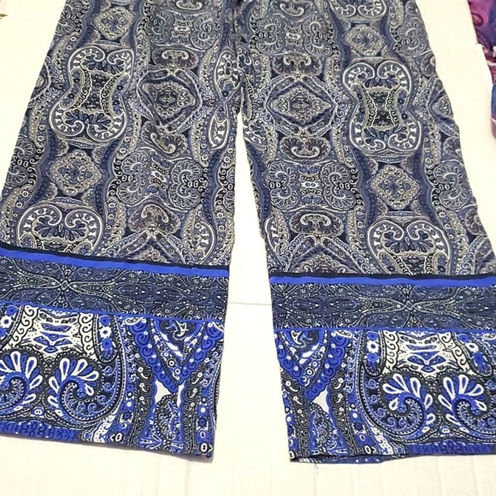 Cynthia Rowley Navy Boho Hippie Print Wide Leg Pull On Palazzo Pants L - Picture 6 of 10